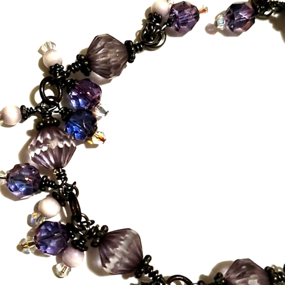 VINTAGE LAVENDER & BLUE GLASS CRYSTAL BEADED SILVER MAGNETIC CLASP 7.5" BRACELET - Picture 8 of 11